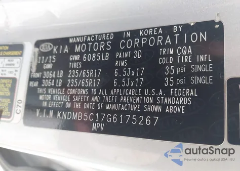 2016 Kia Sedona Lx z USA, uszkodzony, nr VIN KNDMB5C17G6175267